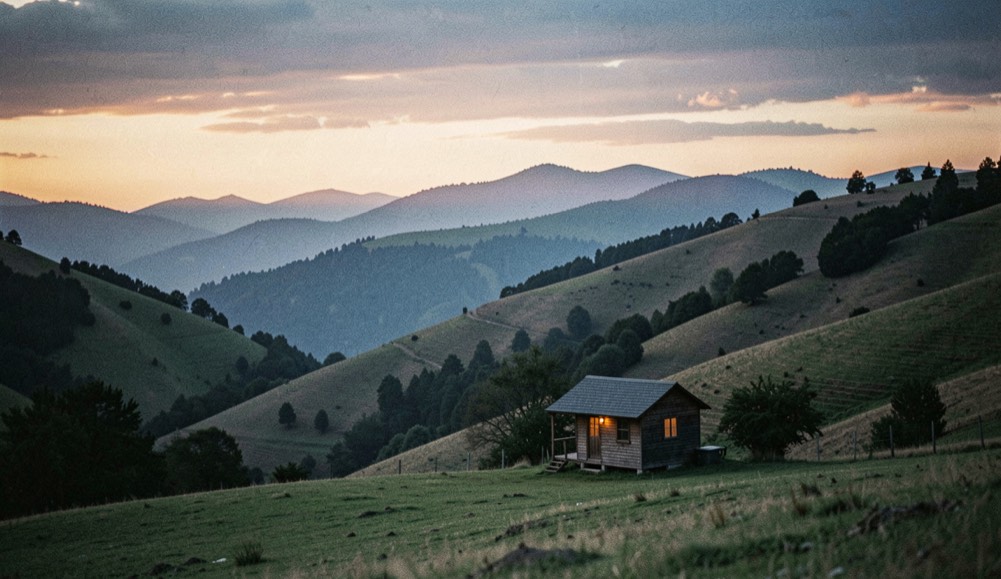 Layered hills and a small cabin holding the last blue-hour light after sunset