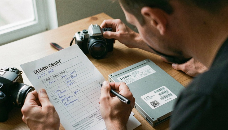 A photographer reviewing a signed delivery checklist beside a camera and a neatly labelled archive drive