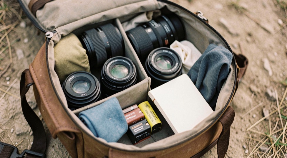 An open camera bag showing a body, two lenses, spare batteries, cloth and a small notebook