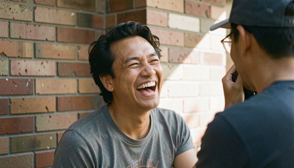 A portrait subject laughing with a photographer between frames beside a sunlit brick wall