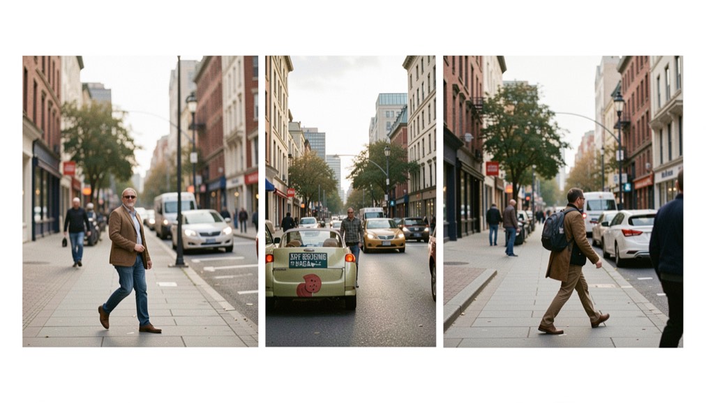 A contact sheet showing one street photograph reviewed in wide, square and vertical crops