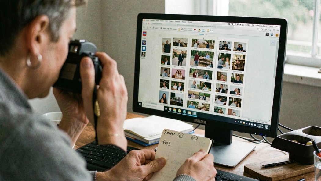 A photographer comparing a contact sheet on a monitor with marked keepers in a notebook