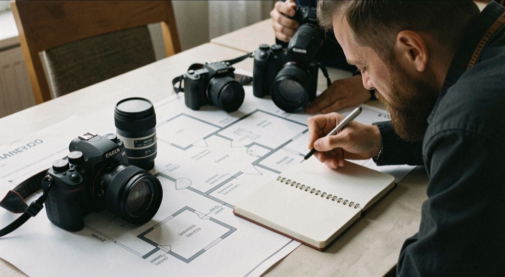 A photographer marking an event floor plan beside two camera bodies and a quiet notebook