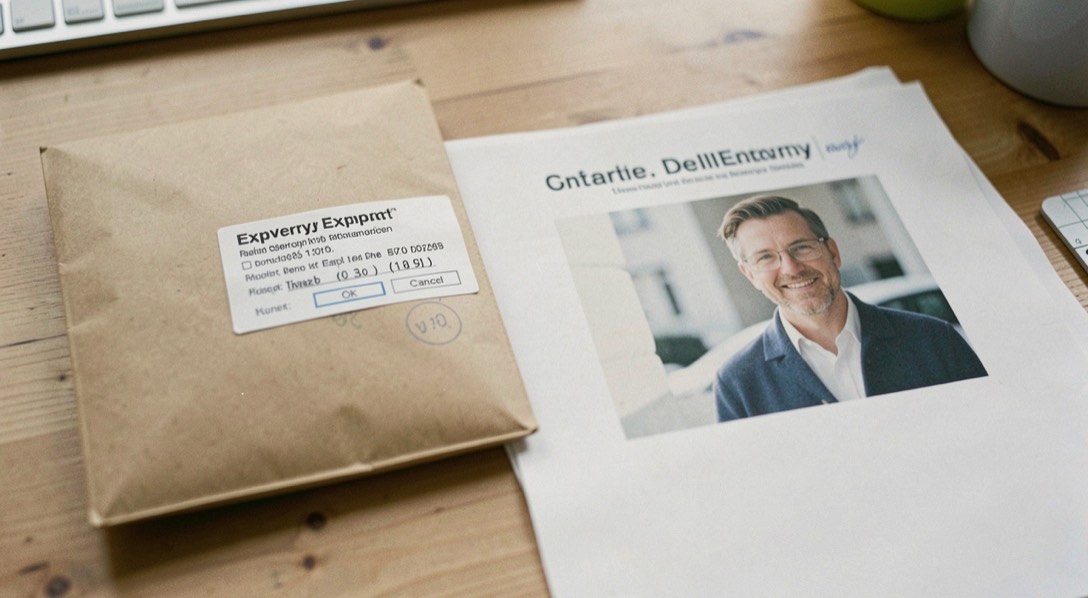 An export dialog beside a labelled delivery folder and a printed client image on a desk