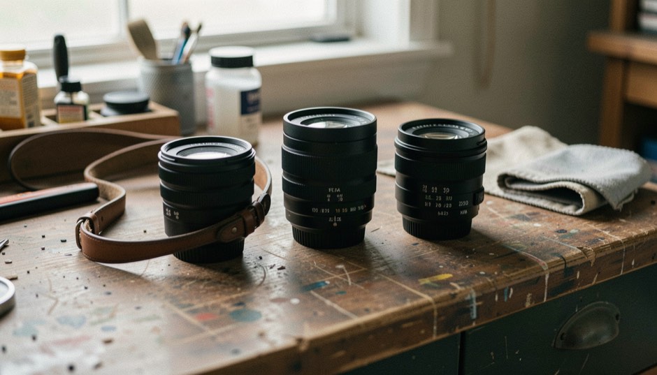 Three camera lenses arranged on a worn workbench beside a camera strap and a folded lens cloth