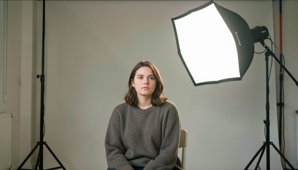 A single softbox placed high and to the side of a seated portrait subject in a quiet studio