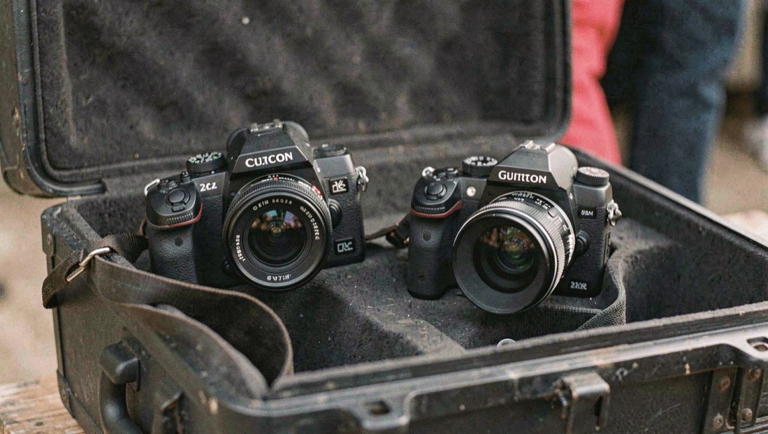 Two camera bodies with different lenses mounted and ready on a padded event case