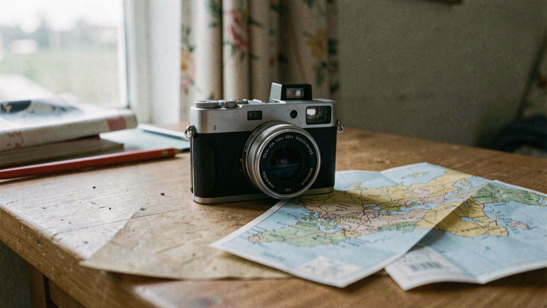 A compact travel camera, one zoom lens and a folded map resting on a hostel desk at first light