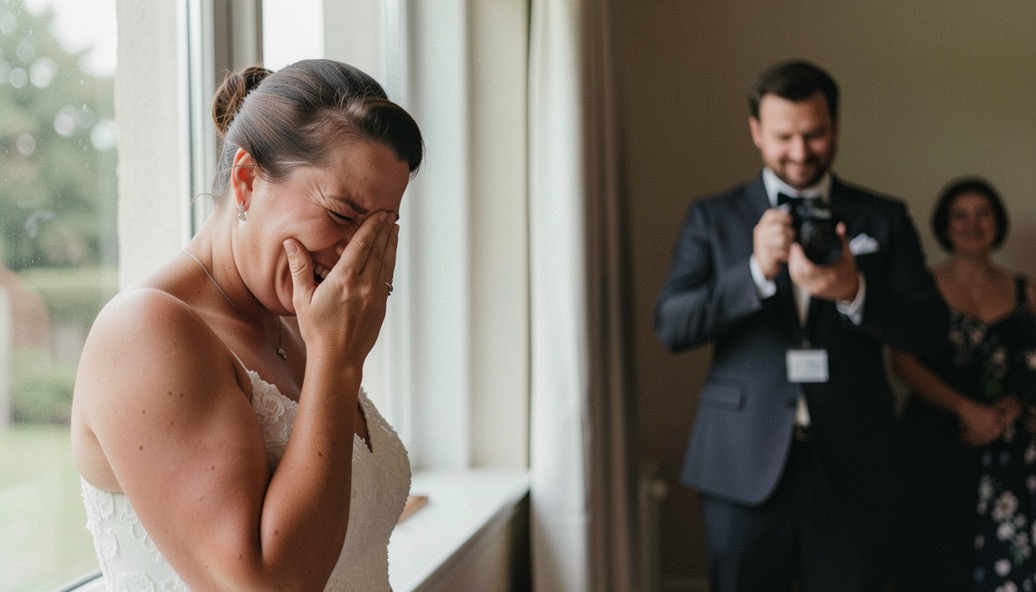 A wedding guest wiping away a laugh near a window while the photographer remains several steps away
