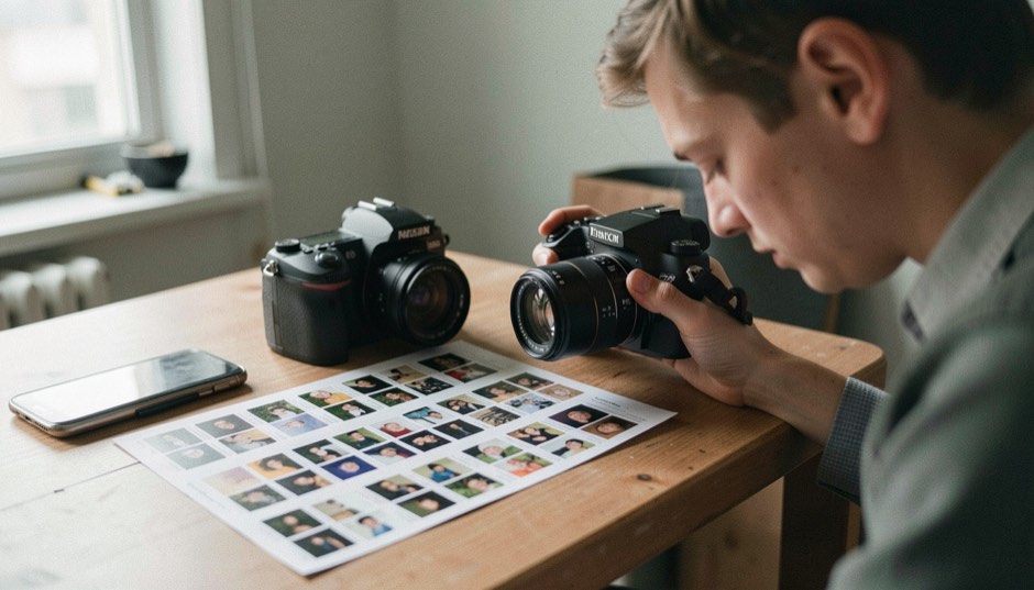 James T. Blakely reviewing a contact sheet beside a camera on a studio table