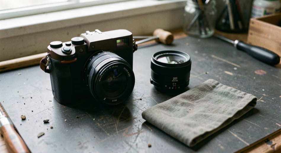 A mirrorless camera body, two lenses and a folded lens cloth arranged on a dark workbench