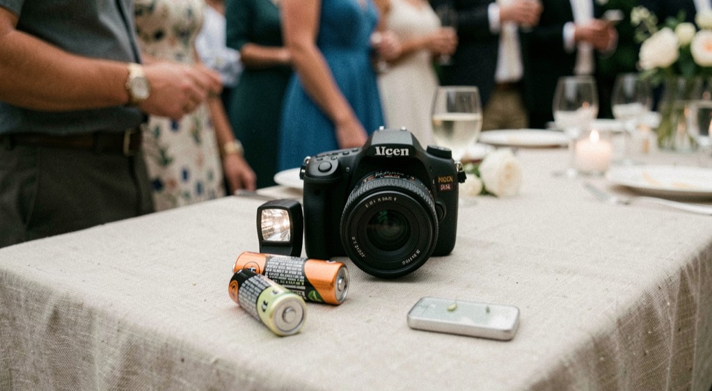 A camera with two charged batteries and a small flash resting on a linen event table before guests arrive