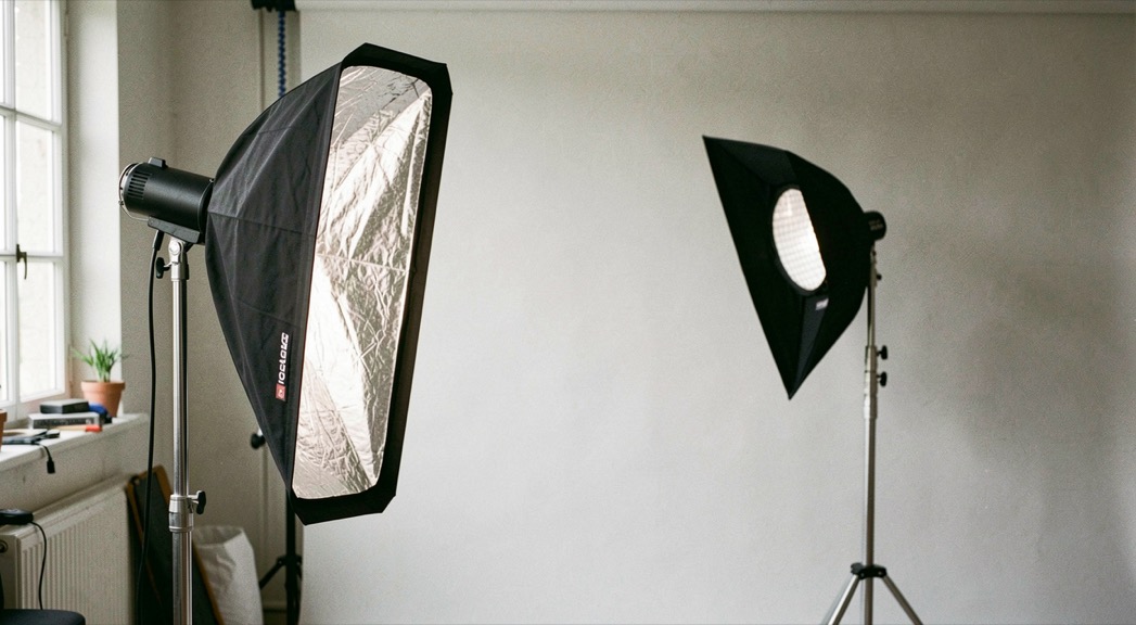A softbox, silver reflector and light stand forming a simple portrait setup in a working studio