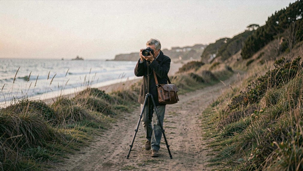 A lone photographer walking a coastal trail at dawn with a camera bag and a compact tripod