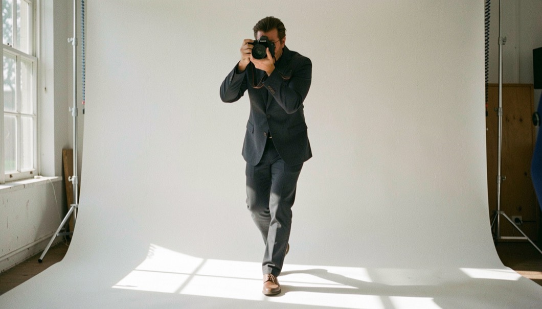 A photographer stepping into a sunlit studio with a camera at the ready
