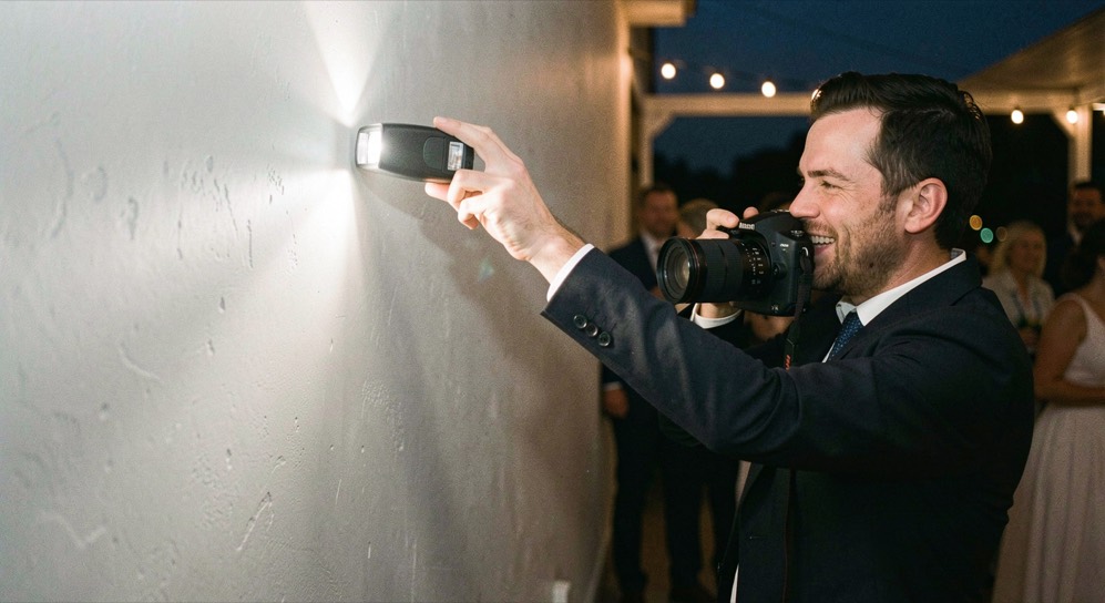 A photographer bouncing a compact flash from a white wall during a dim evening reception
