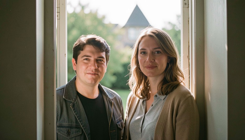Two people standing just inside a bright doorway with gentle reflected light on their faces