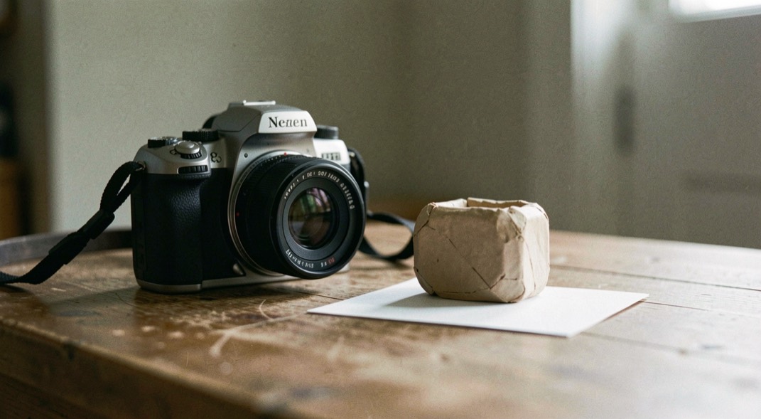 A camera and hand-made object arranged beside a side-lit tabletop with a white card