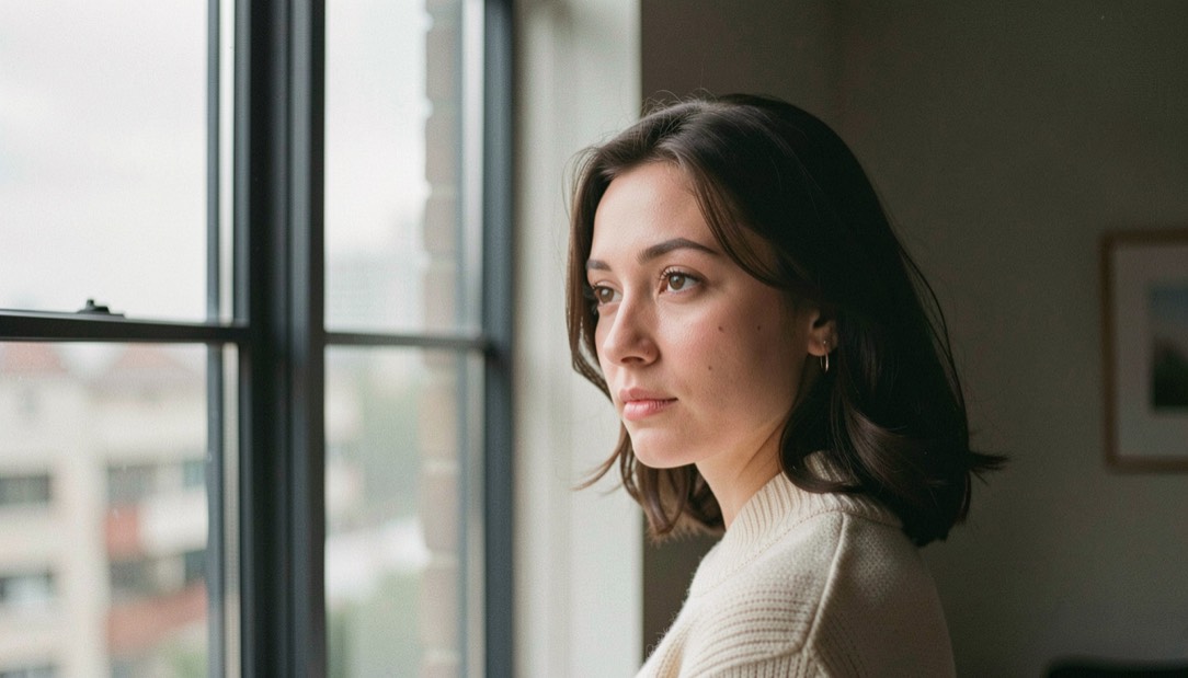 A portrait subject making a half-turn beside a tall window with soft light across the face